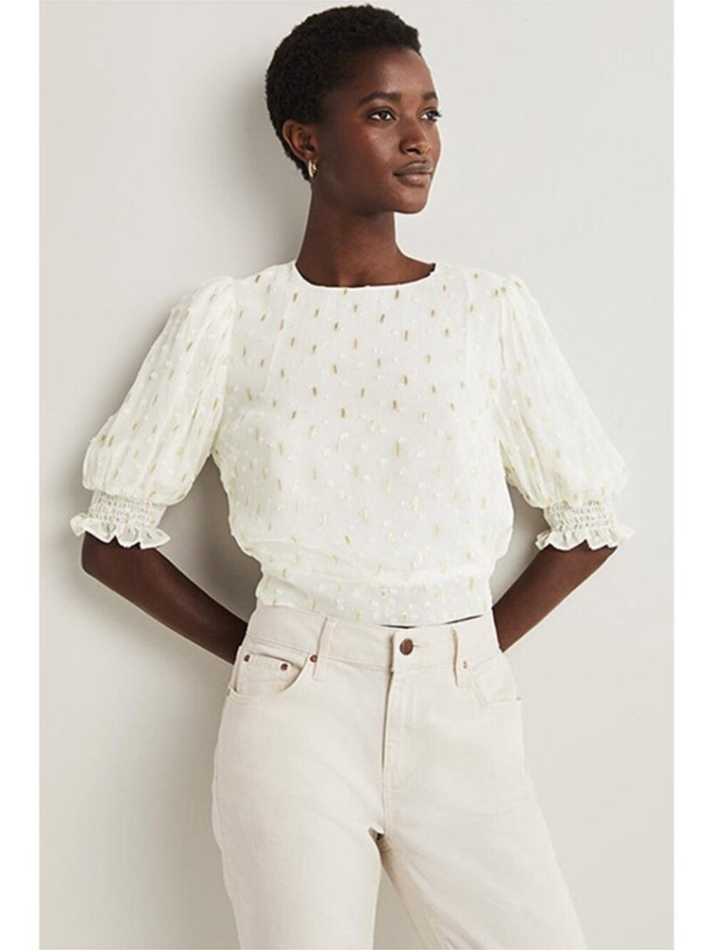 NWT Boden ~Womens  Cropped Metallic Smocked Top / Dobby ~ sz. 10